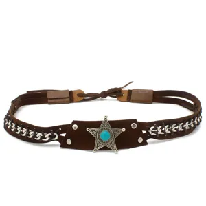 Western cowboy hat band brown suede leather silver star turquoise chain hat accessory