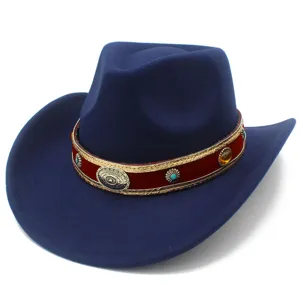 Detailed view of the blue wool felt western cowboy hat with vintage rolled brim and ethnic band.