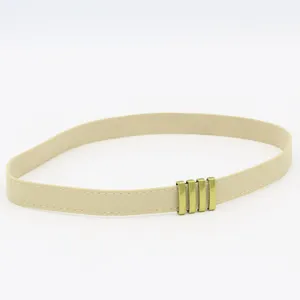 Detailed view of a beige thin leather hat band featuring four vintage brass metal loops.