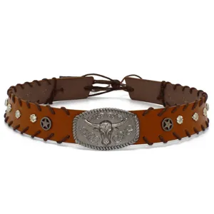 Brown leather hat band with metal bull skull buckle and star studs, western cowboy style accessory.