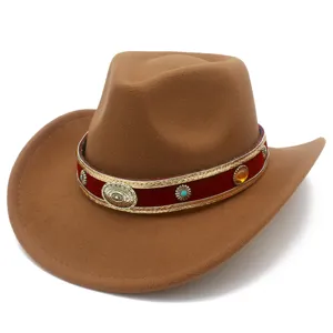 Vintage woolen western cowboy hat with decorative ethnic band rolled brim brown jazz cap