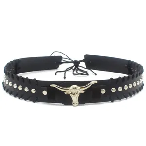 Detailed view of black leather cowboy hat band featuring metal bull head and silver rivets.