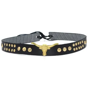Western style black leather hat band featuring gold studs and metal bull skull detail.