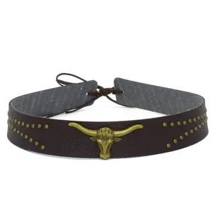 Vintage brown leather cowboy hat band with bull head metal charm and rivets decoration.