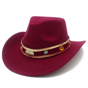 Detail view of wine red wool felt western cowboy hat featuring exquisite metallic decorative band