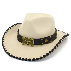 Klassischer Wollfilz-Westernhut mit Lederband und Bullen-Schnalle für stilvolle Partys und Alltag.