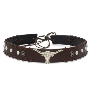 Detailed view of brown leather western cowboy hat band with silver longhorn bull head