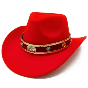 Red western cowboy hat close-up detail, vintage felt material with ethnic decorative hat band.