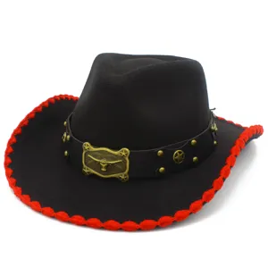 Stilvoller schwarzer Woll-Cowboyhut mit rotem Rand, breiter Krempe und Stierschädel-Schnalle.