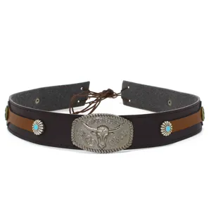 Western style brown leather hat band with bull skull metal buckle and turquoise rivets accessory.