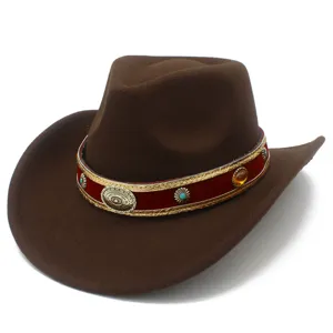 Ethnic Western Cowboy Hat Wool Felt Jazz Fedora Hat Wide Brim Vintage Curled Solid Color Men Women Outdoor Party Hat