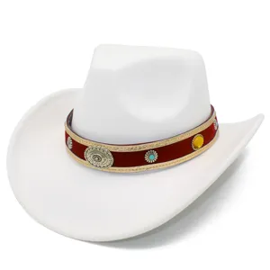 Close-up detail of white wool felt cowboy hat featuring red decorative band and silver accents.