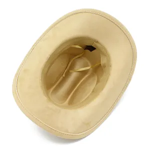 Khaki faux suede cowboy hat interior detail view showing comfortable inner sweatband.