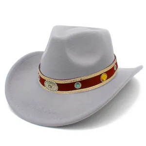 Grey wool felt western cowboy hat detail showing vintage decorative band with stones.