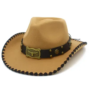 Klassischer Wollfilz Western Cowboyhut mit Lederband und Stierschädel Schnalle für Unisex.