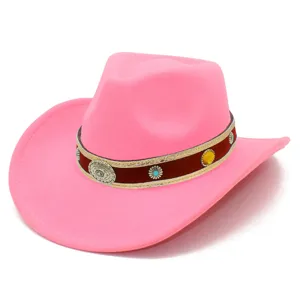Pink wool western cowboy hat with ethnic style decorative band, retro rolled brim design.
