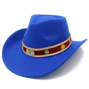 Detailed view of a bright blue wool felt western cowboy hat with a retro ethnic decorative band.
