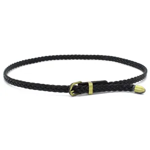 Thin black braided belt hat accessory with vintage metal buckle, elegant and versatile.