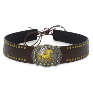 Vintage brown leather cowboy hat band with metal studs and ornate horse buckle accessory.