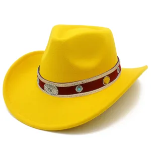 Detailed view of the yellow felt western cowboy hat with ethnic decorative band and gems.