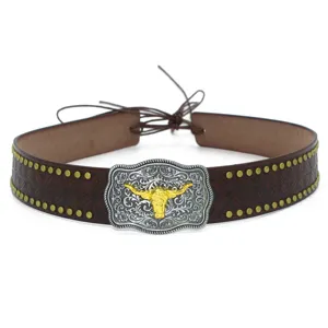 Western cowboy hat band featuring bull head metal buckle and rivets for diy hat decoration.
