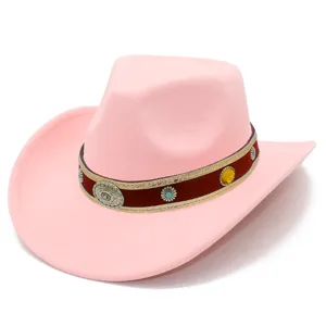Pink felt cowboy hat with vintage ethnic decorative band, stylish western jazz hat for women.