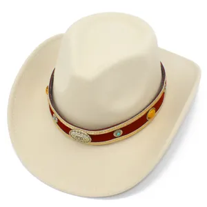 Vintage wool felt western cowboy hat with ethnic red decorative band and metal studs.