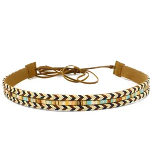 Close-up detail of bohemian braided hat band strap with ethnic chevron pattern and tie ends.