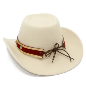 Close-up of beige wool felt western cowboy hat featuring red velvet band and brown leather lace.