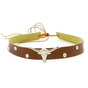 Western cowboy hat band with silver longhorn bull head metal charm and rivets decoration.