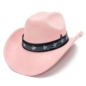 Chapeau de cowboy occidental en suédine rose avec bande musicale, parfait pour les festivals.