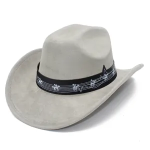 Chapeau de cowboy en daim gris avec bande musicale pixel, coiffe de festival stylée pour adultes.