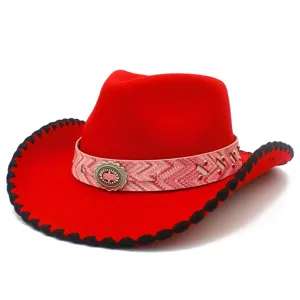 Roter Western-Cowgirl-Hut Detail, pinkes Muster-Hutband mit Metallschnalle u. breiter Krempe.