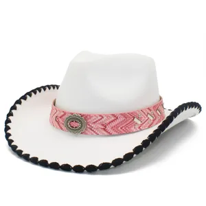 Damen Western Cowboyhut breite Krempe Retro Fedora mit rosa Schmuckband und Metallschnalle
