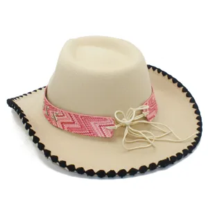 Damen Vintage Western Cowboy Hut beige breite Krempe Fedora rosa Band Outdoor Sonnenhut