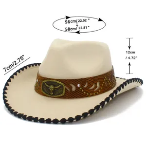 Estiloso sombrero de vaquero retro hebilla de toro beige sombrero fedora ala ancha