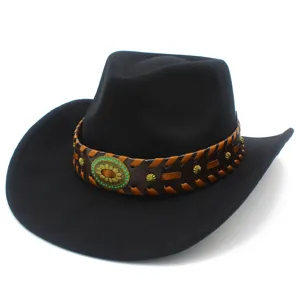 Detailed view of black western cowboy hat with brown braided band and vintage metal buckle.