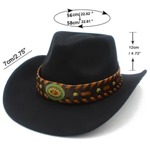 Ethnic woven strap western cowboy hat unisex retro jazz fedora hat for travel vacation outdoor