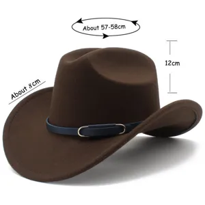Cappello cowboy in feltro marrone con dettaglio cintura blu, vista dettagliata circa 57-58cm.