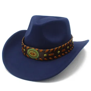 Close-up details of the blue felt western cowboy hat featuring a brown woven leather band.