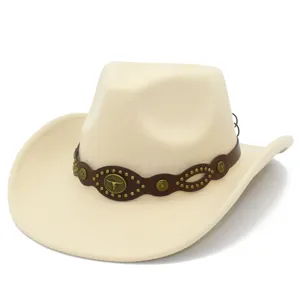 Unisex Western Cowboy Hat Woolen Fedora Hat With Bull Head Emblem Rivets Leather Band Wide Curved Brim Retro Style For Travel Outdoor