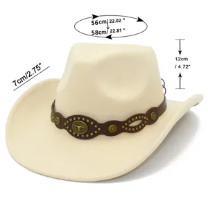 Detailed view of white wool cowboy hat with bull head metal decor and size measurements.