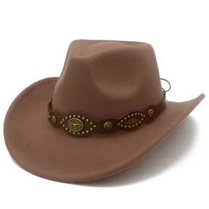 Brown Western cowboy hat with leather band metal bull head decor detail close-up