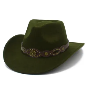 Detailed view of green felt cowboy jazz hat with brown leather band and bull head metal charm.