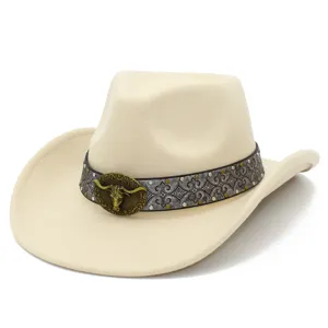 Beige western cowboy hat with vintage bull skull metal buckle and ethnic patterned hat band.