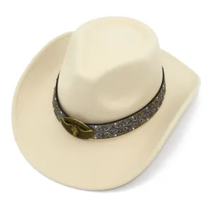 Detail shot of retro western cowboy hat featuring unique bull head metal buckle and ethnic band.