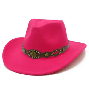 Pink western cowboy jazz hat with brown leather band and metal bull head accessory detail view.
