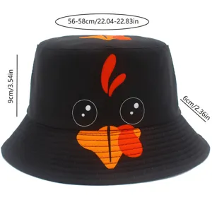 Gorro de cubo negro con estampado de pavo de Acción de Gracias y medidas detalladas