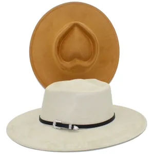 Cappello Fedora in Scamosciato con Parte Superiore a Cuore Retrò Falda Larga Jazz Fibbia Occidentale Cinturino Vintage Gentleman