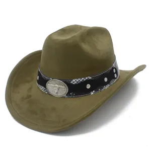 Olivgrüner Wildleder Jazzhut Western Cowboyhut mit Schlangenmuster Band und tollem Stierschädel